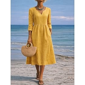 Women's Midi Dress Linen-feel Dresses A Line Dress Casual Daily Regular Fit Plain 3/4 Length Sleeve V Neck Blue Yellow Pink Red Summer Spring Fall