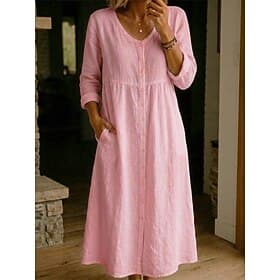 Damen Midikleid Kleider in Leinenoptik Shiftkleid Sommerkleid Lässig Lässiger Schnitt Einfarbig Langarm V Ausschnitt Blau Schwarz Weiß Gelb Sommer Frühling