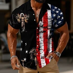 Men's 4th of July U.S. 250th Anniversary Jesus US Flag Shirt Button Up Shirt Short Sleeve Patriotic Outdoor Holiday Summer Spring Turndown 3D Print Collared Sh