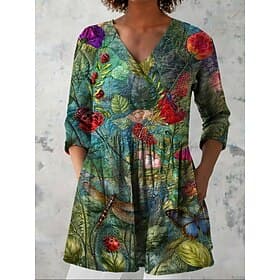 Women's Blouse Print Floral Vacation Daily Casual 3/4 Length Sleeve V Neck Regular Tops Daily Holiday Going out Green Summer Spring Fall