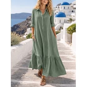 Damen Maxikleid Kleider in Leinenoptik Kunstbaumwollleinen Hemdblusenkleid Kaftan Kleid Basic Lässig Täglich Urlaub Normale Passform Einfach Langarm V Ausschni