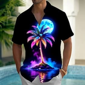 Men's Coconut Tree Tropical Plants Moonlight Summer Hawaiian Shirt Button Up Shirt Aloha Shirt Short Sleeve Hawaiian Vacation Summer Spring Turndown 3D Print C