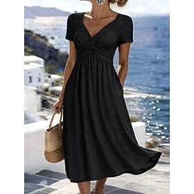 Women's Midi Dress A Line Dress Summer Dress Casual Daily Regular Fit Plain Short Sleeve V Neck Black Summer Fall