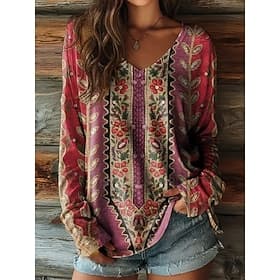 Women's T Shirt Print Floral Graphic Vintage Casual Boho Long Sleeve V Neck Regular Tops Daily Blue Purple / Dark Purple Purple Green Spring Fall