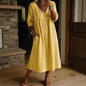 Women's Midi Dress Linen-feel Dresses Sundress A Line Dress Summer Dress Vacation Party Basic Daily Office Beach Loose Fit Plain Half Sleeve V Neck Light Blue