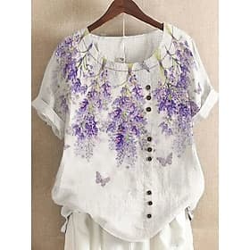 Women's Shirt Blouse Print Floral Graphic Casual Short Sleeve Crew Neck Long Tops Daily Blue Light Purple Orange Green Summer Spring