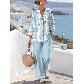 Women's Two Piece Sets Pants Sets 3/4 Length Sleeve V Neck Floral Graphic Print Daily Stylish Casual Daily Vacation Blue Pink Green Summer Regular Fit