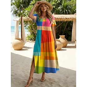 Women's Midi Dress A Line Dress Vacation Casual Beach Holiday Date Loose Fit Graphic Abstract Short Sleeve Crew Neck Blue Yellow Purple Orange Summer Spring