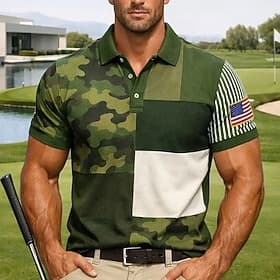 4th of July 2026 250th Men's American US Flag Golf Sports Polo Shirts Short Sleeve Polo Shirts Collared Shirts Casual Athleisure Buttons Spring  Summer Green A