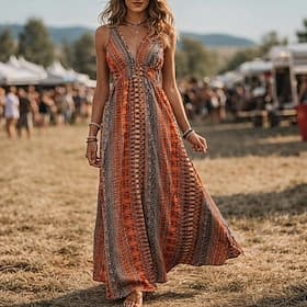Böhmische Retro Vintage Boho Lange Länge Kleid Ärmellos Böhmische V Ausschnitt Kostüm Damen Maskerade Musikfestival Retro-Mottoparty Erwachsene Kleid Sommer
