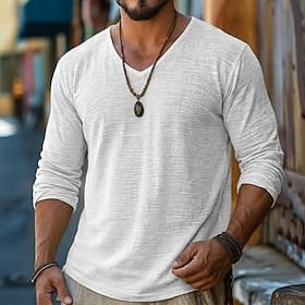 Homme T-shirt T-shirt en lin manche longue Col en V Été Printemps Printemps  Été Couleur Unie Uni Texturé Quotidien Occasionnel street style Pur Occasionnel Ex thumbnail 2