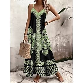 Women's Maxi Dress Sundress A Line Dress Slip Dress Vacation Casual Beach Going out Loose Fit Graphic Paisley Tribal Sleeveless V Neck Green Summer Spring