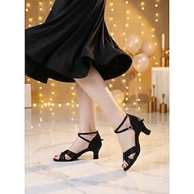 Women's Black Latin Dance Shoes - Strappy Mid-Heel Heels for Salsa, Bachata  Ballroom Practice