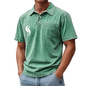 SoftFade™ Men's Animal Patterned Acid Wash Shirt 100% Cotton Short Sleeve Polo Shirts Athleisure Pocket 3D Print Buttons Spring  Summer Blue Brown Green