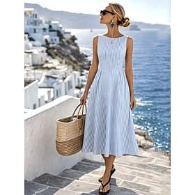 Women's Midi Dress A Line Dress Summer Dress Casual Daily Regular Fit Striped Sleeveless Crew Neck Blue Summer