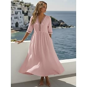 Women's Midi Dress 100% Cotton Shift Dress Cotton Linen Dresses Casual Dress Basic Classic Casual Daily Outdoor Vacation Loose Fit Plain Half Sleeve V Neck Whi