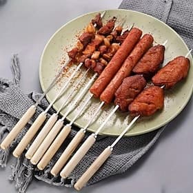 50PCS High-Quality Thickened Stainless Steel BBQ Skewers with Wooden Handles - Easy to Turn, Non-Stick, Heat-Resistant, Perfect for Grilling Chicken Wings, Bar