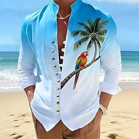 Men's Coconut Tree Parrot Gradient Color Hawaiian Shirt Aloha Shirt Stand Collar Shirt Long Sleeve Hawaiian Beach Vacation Wear Summer Spring Mandarin Collar B