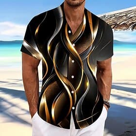 Men's Gradient Lines / Waves Abstract Art Shirt Button Up Shirt Casual Dress Shirt Short Sleeve Fashion Casual Streetwear Vacation Spring Fall Turndown 3D Prin