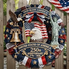 U.S. 250th Anniversary Wood Sign Patriotic Door Hanger, God Bless America Independence Day Decor with Eagle, Liberty Bell  Statue of Liberty, 1776–2026 4th of