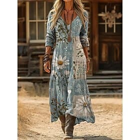 Women's Maxi Dress Boho Dress Vintage Dress Casual Dress Vintage Daily Outdoor Vacation Regular Fit Floral Long Sleeve V Neck Blue Light Yellow Light Green Lig
