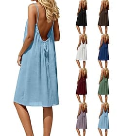 Women's Knee Length Dress Linen-feel Dresses Sundress Casual Dress Slip Dress Fashion Basic Modern Daily Vacation Going out Loose Fit Plain Sleeveless Crew Nec