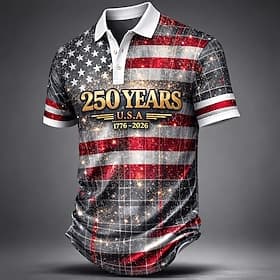 4th of July 2026 250th Men's American US Flag Polo Shirts Short Sleeve Polo Shirts Lapel Casual Athleisure Daily Wear Festival Outfit 3D Print Buttons Spring