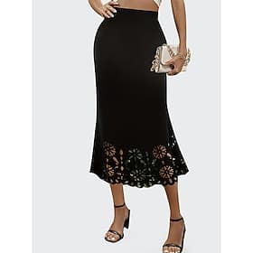 Women's Lace Skirt Elegant Fashion Casual Midi Mid Rise Skirts Plain Lace Hole Stretchy Daily Vacation Black Wine Dark Green Khaki Summer