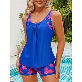 Women's Swimwear Tankini 2 Piece Shorts Swimsuit Tummy Control High Waist Slim Backless Vacation Beach Wear Floral U Neck Sleeveless Bathing Suits