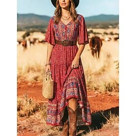 Women's Maxi Dress Boho Dress Casual Dress Floral Dress Elegant Fashion Modern Outdoor Beach Vacation Loose Fit Paisley Short Sleeve V Neck Blue Black Yellow R