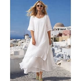 Women's Midi Dress Linen-feel Dresses Kaftan Dress White Dress Basic Casual Daily Outdoor Vacation Loose Fit Pure Color Long Sleeve Crew Neck Blue Light Pink W thumbnail 2