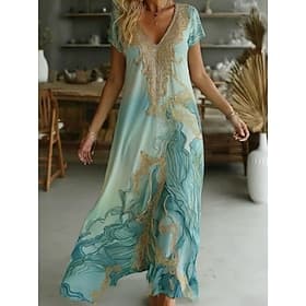 Per donna Abito maxi Vestito Casual Abito Stampato Elegante Moda Moderno All'aperto Spiaggia Vacanza Vestibilità comoda Grafico Manica Corta Scollo a V Blu Est