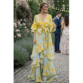 A-Line Floral Dress Beach Wedding Summer Maxi Dresses for Women Holiday Casual Dress Floor Length Long Sleeve V Neck  with Print Strappy  dress to impress Wedd