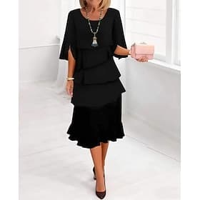 Women's Blue Black Red Spring Midi Dress A Line Dress Ruffle Dress Birthday Formal Semi Formal Beach Vacation Party Regular Fit Plain Boat Neck
