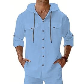 Herren Hemd Leinenhemd Sommerhemd Strandbekleidung Knopfhemd Einfarbig Lässig Urlaub Blau Schwarz Weiß Marineblau Langarm Mit Kapuze Sommer Frühling Bekleidung