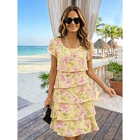 Women's Knee Length Dress Shift Dress Summer Dress Vacation Boho Beach Date Regular Fit Floral Graphic Short Sleeve Crew Neck Yellow Pink Purple Green Summer S