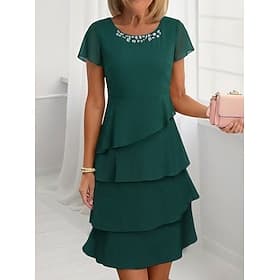 Women's Midi Dress Graduation Dress Cocktail Dress Wedding Guest Dress Chiffon Dress Elegant Formal Wedding Guest Cocktail Party Regular Fit Short Sleeve Crew