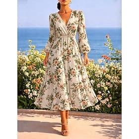 Women's Midi Dress Pleated Dress Work Dresses Fit And Flare Dress Birthday Casual Formal Office Date Regular Fit Floral Graphic Long Sleeve V Neck Beige Summer