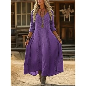 Femmes Robe maxi Robe bohème Robe Vintage Robe Décontractée ancien Quotidien Extérieur Vacances Coupe Ample Fleuri manche longue Col en V Violet Printemps Auto thumbnail 2
