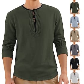 Men's T Shirt Henley Shirt Cotton Linen T Shirt Long Sleeve Henley Summer Spring Color Block Vintage Streetwear Stylish Patchwork Color Block Buttons Casual Da