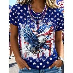 American Independence Day Women's T Shirt Print Graphic Letter American Flag Stylish Classic Casual Short Sleeve Crew Neck Regular Tops Daily Blue Black Summer