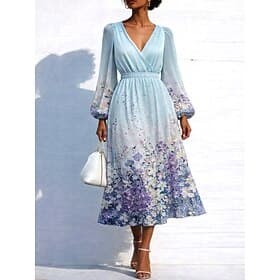 Women's Midi Dress Pleated Dress Work Dresses Fit And Flare Dress Birthday Casual Formal Office Date Regular Fit Floral Graphic Long Sleeve V Neck Blue Light G