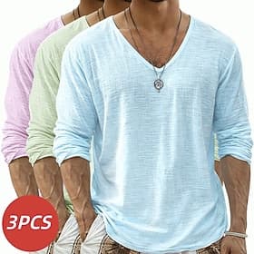 Herren T-Shirt Leinen-T-Shirt Langarm V Ausschnitt Frühling  Sommer Sommer Frühling Einfarbig Einfach Täglich Lässig Streetstyle 3 Teile Rein Mehrfachpackung L