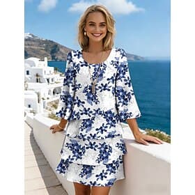 Women's Mini Dress Blue and White Flowers Vacation Shift Dress Casual Going out Regular Fit Floral Graphic 3/4 Length Sleeve Crew Neck Blue Yellow Purple Green