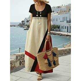 Damen Maxikleid Freizeitkleid Vintage Täglich Outdoor Strand Lässiger Schnitt Geometrisch Kurzarm Rundhalsausschnitt Gelb Rosa Orange Khaki Sommer Frühling