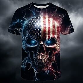 America's 250th Anniversary Men's US Flag Skull Patriotic T-Shirt All Over Print Lightning Graphic Short Sleeve Crew Neck Cool Warrior Top Designer Clothing Ap