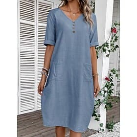 Women's Midi Dress Shift Dress Casual Daily Regular Fit Plain Long Sleeve V Neck Blue Yellow Red Purple Summer Spring Fall