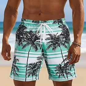 Men's Coconut Tree Striped Tropical Plants Swim Trunks Bathing Suits Swim Shorts Board Shorts Mid Waist Hawaiian Beach Vacation Wear Side Pockets Mesh Lining E