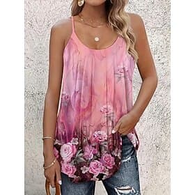 Women's Tank Top Halter Print Floral Graphic Plants Stylish Classic Casual Sleeveless Crew Neck Spaghetti Straps Long Tops Daily Going out Weekend Blue Pink Pu