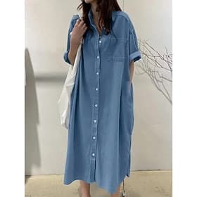 Women's Midi Dress Shift Dress Casual Daily Loose Fit Plain 3/4 Length Sleeve Lapel Blue Black Dark Blue Summer Spring
